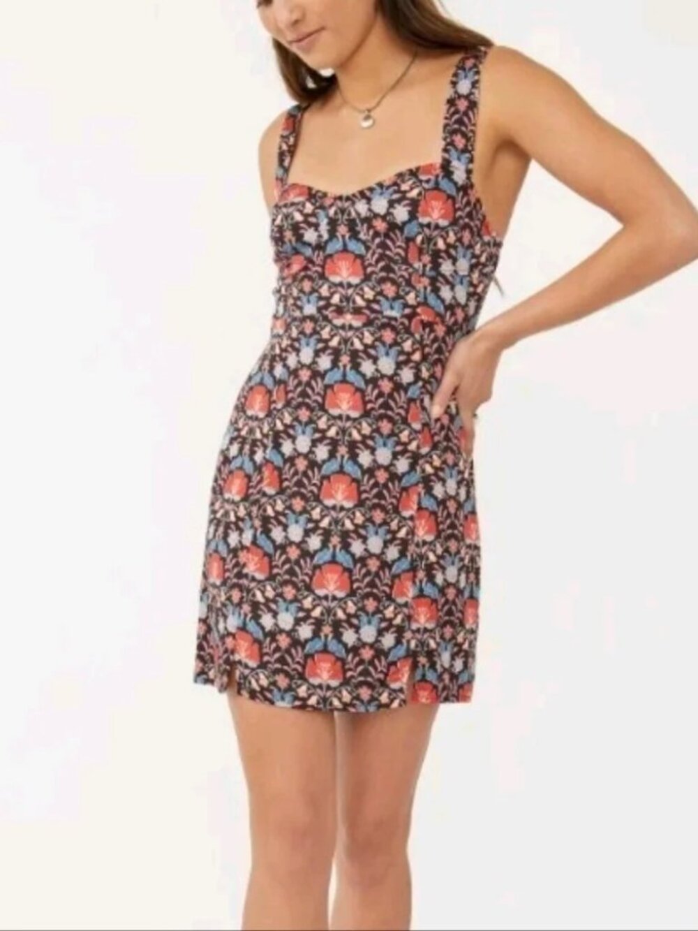 Free People Sasha Mini Dress HALTER TIE Black Combo Art Nouveau Floral Print - Picture 2 of 13